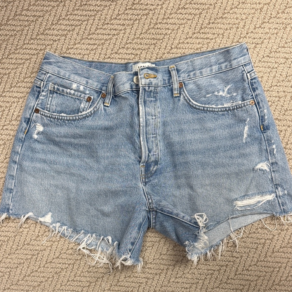Agolde Parker Long Light Blue Distressed Jean Shorts
